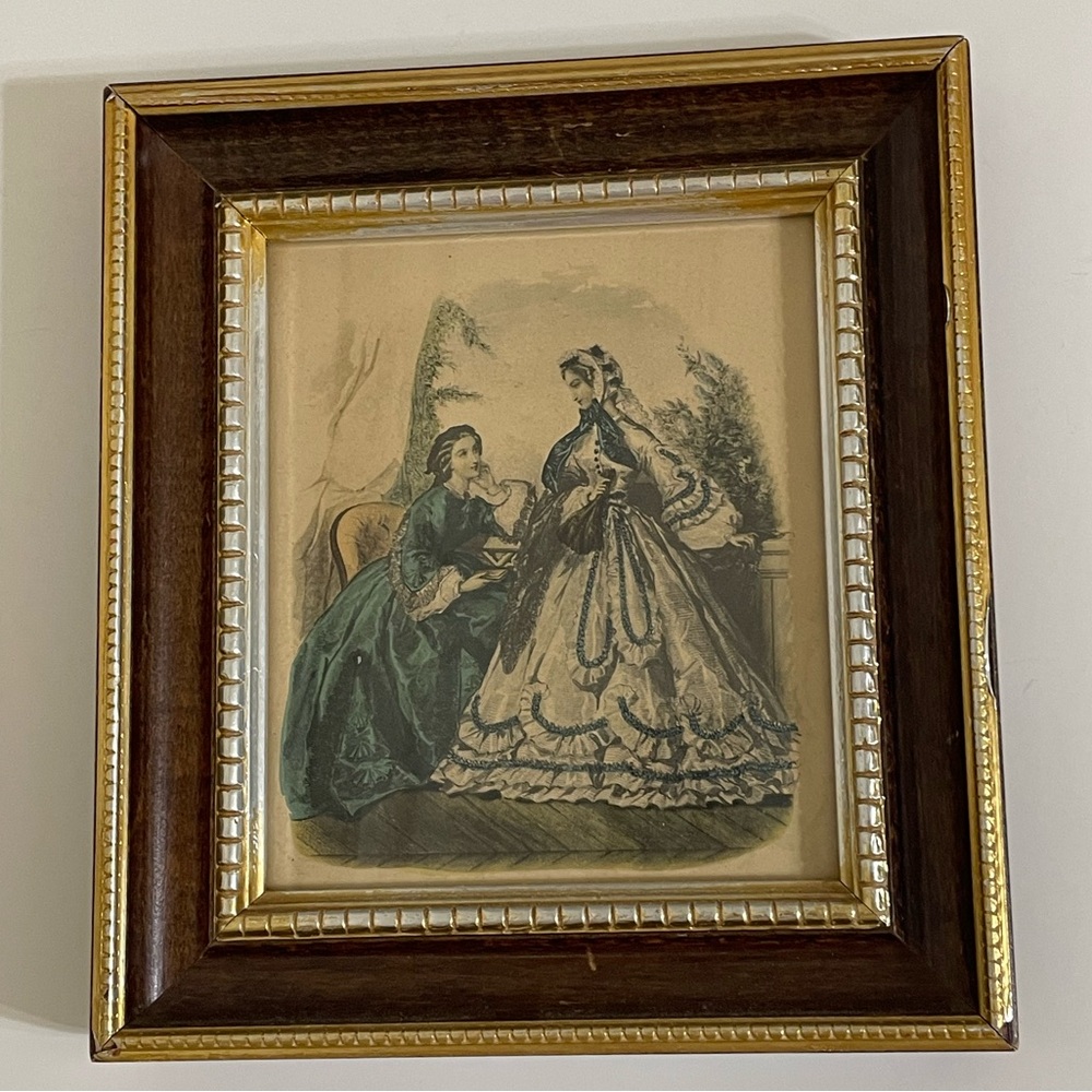 Antique 1862 La Mode Illustree French Fashion Print Gold Leaf Wood Frame